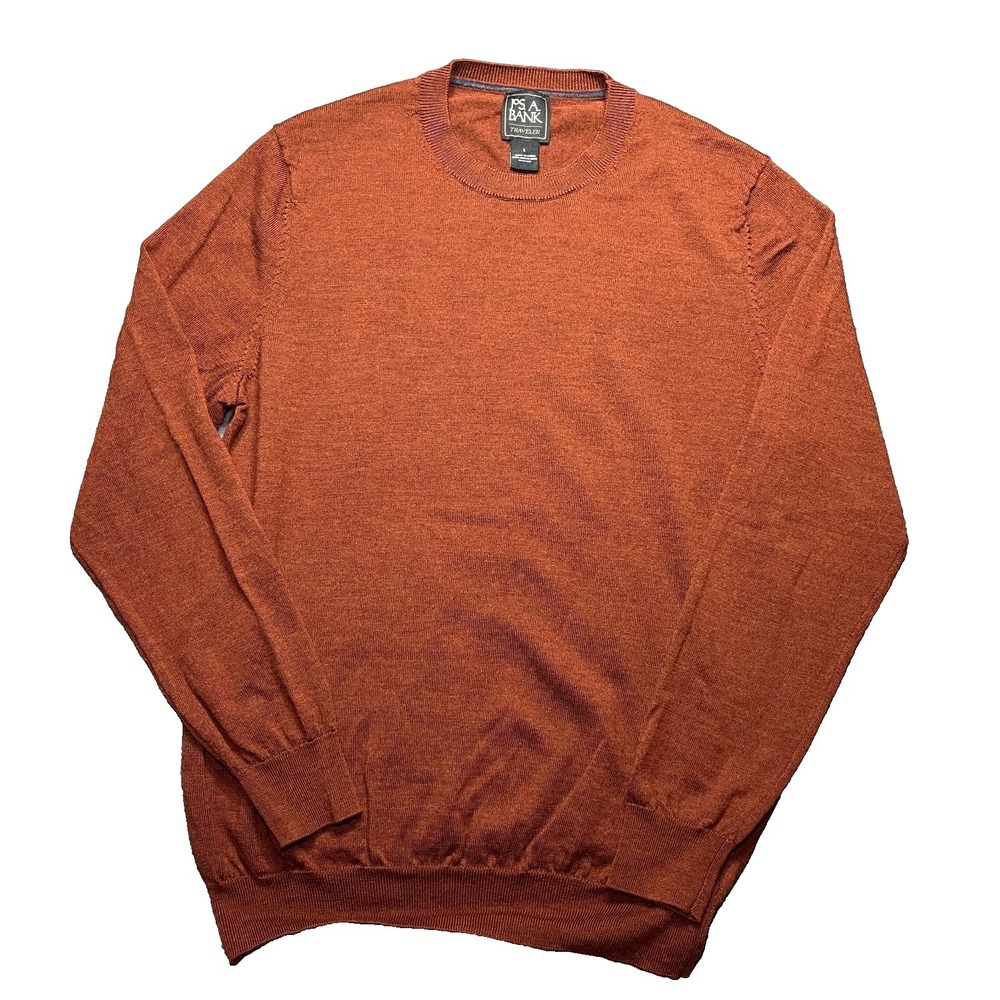 Jos A Bank Traveler Sweater Men's L Burnt Orange 100% Merino Wool Knit Crew EUC